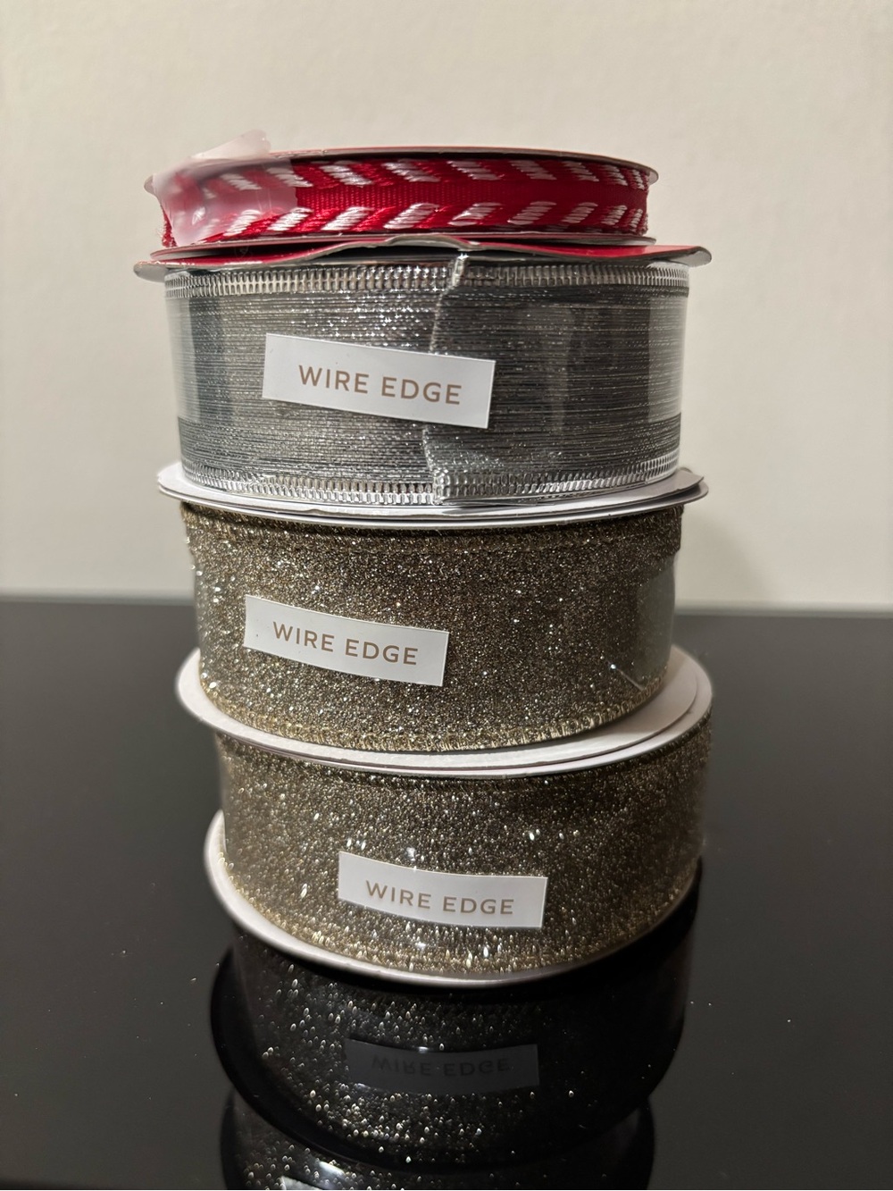 4 Ribbon Spools - Silver & Gold Glitter and red and white trim